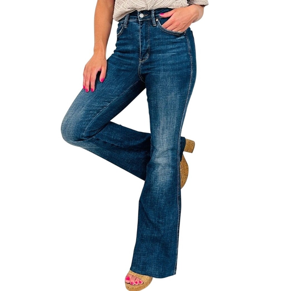 Judy Blue High Waist Flare Jeans Dark Wash Raw Hem Tummy Control Dark Wash 5/27